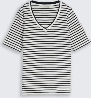 TOM TAILOR Damen Slim Fit T-Shirt mit V-Ausschnitt, weiß, Gestreift, Gr. XXXL