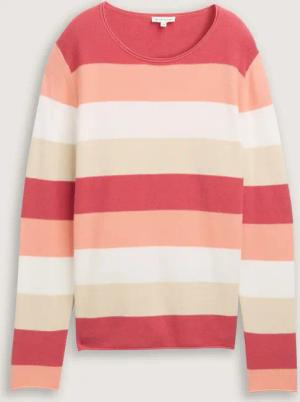 TOM TAILOR Damen Strickpullover mit Rundhalsausschnitt, rot, Gestreift, Gr. M