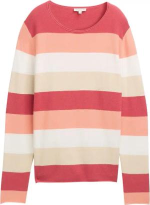 TOM TAILOR Damen Strickpullover mit Rundhalsausschnitt, rot, Gestreift, Gr. M