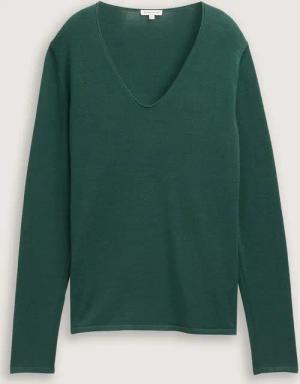 TOM TAILOR Damen Strickpullover mit V-Ausschnitt, grün, Uni, Gr. XS