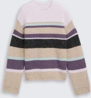 TOM TAILOR DENIM Damen Relaxed Fit Strickpullover mit Streifenmuster, lila, Gestreift, Gr. XXL