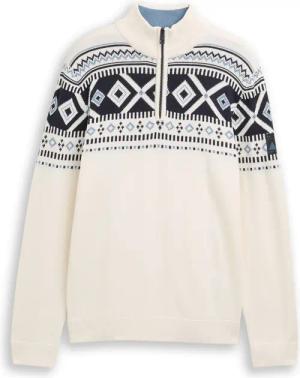 TOM TAILOR Herren Fair-Isle Troyer Strickpullover, weiß, Gemustert, Gr. M