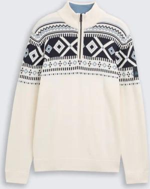 TOM TAILOR Herren Fair-Isle Troyer Strickpullover, weiß, Gemustert, Gr. S