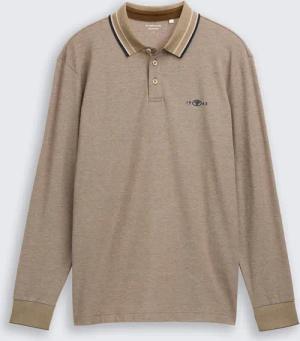 TOM TAILOR Herren Langarm Piqué Poloshirt mit Logo-Print, braun, Meliert, Gr. S