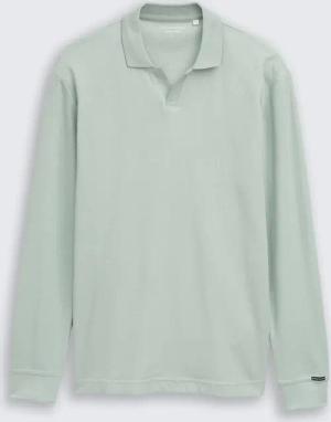 TOM TAILOR Herren Langarm Poloshirt mit Waffelstruktur, grün, Uni, Gr. S