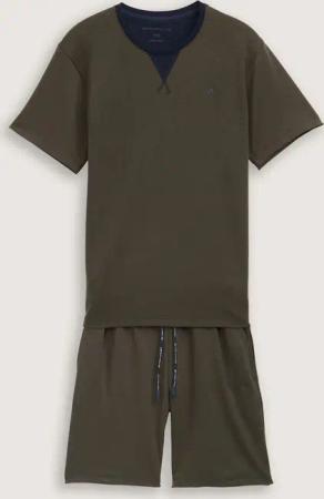 TOM TAILOR Herren Pyjama-Set mit Logo-Print und Kordelzug, grün, Uni, Gr. 50