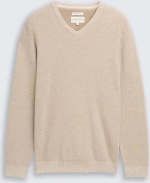 TOM TAILOR Herren Strickpullover mit V-Ausschnitt aus Bio-Baumwolle, beige, Meliert, Gr. M