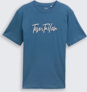 TOM TAILOR Herren T-Shirt mit Logo-Print, blau, Uni, Gr. S