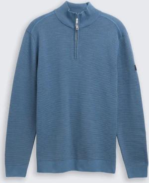 TOM TAILOR Herren Troyer Strickpullover aus Baumwolle, blau, Uni, Gr. S