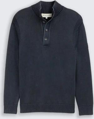 TOM TAILOR Herren Troyer Strickpullover im Washed-Look aus Baumwolle, blau, Uni, Gr. L