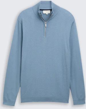 TOM TAILOR Herren Troyer Strickpullover mit Fischgrät-Struktur, blau, Uni, Gr. L