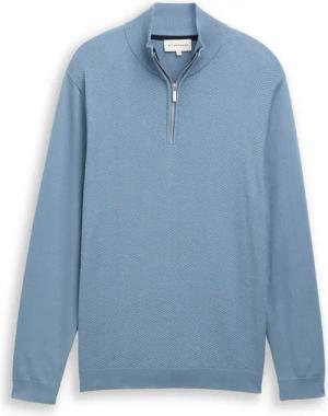 TOM TAILOR Herren Troyer Strickpullover mit Fischgrät-Struktur, blau, Uni, Gr. XL