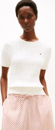 Tommy Hilfiger Kurzarmpullover "CO CABLE MID GG S/S C-NK SWT" mit Zopfmuster