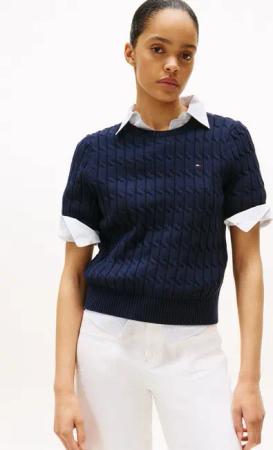 Tommy Hilfiger Kurzarmpullover CO CABLE MID GG S/S C-NK SWT mit Zopfmuster