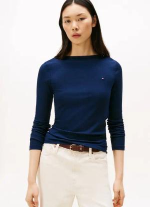 Tommy Hilfiger Langarmshirt SLIM 5X2 RIB BOAT-NK LS mit U-Boot Ausschnitt und Rippstruktur unifarben, casual, slim fit, Viskosemix, U-Boot-Ausschnitt