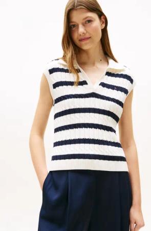Tommy Hilfiger Pullunder "CO CABLE MID GG OPEN POLO VEST" mit Zopfmuster