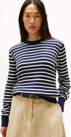 Tommy Hilfiger Rundhalspullover CO CABLE C-NK LS SWEATER Baumwolle, mit Zopfmuster, Regular Fit