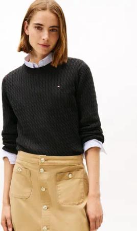 Tommy Hilfiger Rundhalspullover CO CABLE C-NK LS SWEATER Baumwolle, mit Zopfmuster