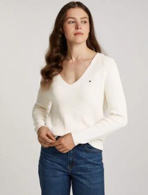 Tommy Hilfiger Strickpullover CO CARDI STITCH V-NK LS mit Logostickerei