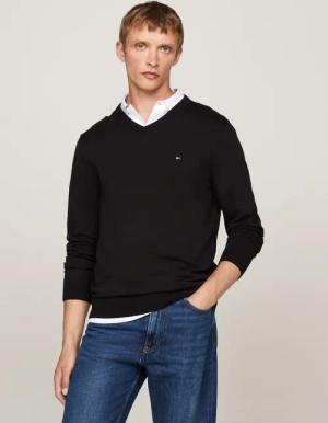 Tommy Hilfiger Strickpullover "ESSENTIAL COTTON V NECK mit V-Ausschnitt und Stickerei" unifarben, casual, regular fit, Baumwolle, V-Ausschnitt