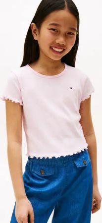 Tommy Hilfiger T-Shirt ESSENTIAL RIB TOP mit Babylock-Kanten und Stickerei unifarben, casual, regular fit, Baumwollmix, Rundhals