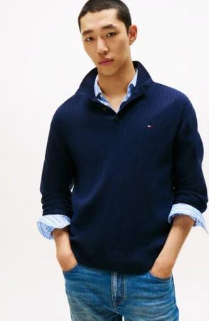 Tommy Hilfiger Troyer PIMA CASH STRUCTURE MOCK Rippbündchen am Kragen, Ärmel und Saum