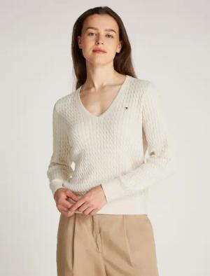 Tommy Hilfiger V-Ausschnitt-Pullover "CO CABLE V-NK LS SWT" mit Zopfmuster, Logostickerei