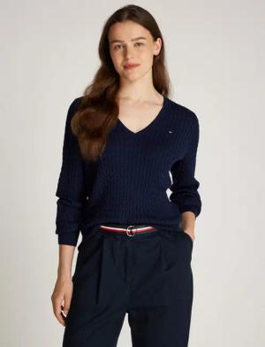 Tommy Hilfiger V-Ausschnitt-Pullover CO CABLE V-NK LS SWT mit Zopfmuster, Logostickerei