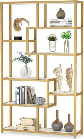 Tribesigns Vitrine 180 cm hohes Bücherregal, modernes Golden weißes Eck-Bücherregal