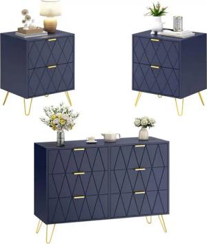 UEV Schlafzimmer-Set, 3er-Set Schlafzimmermöbel, Sparset Jugendzimmer-Set, (Kommode mit 6 Schubladen und 2er-Set Nachttisch, Modern Linienmuster, Skandinavisch Goldene Griffe und Füße), Schublade mit Soft-close, Sideboard mit Kisppschutz