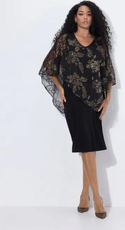 Ulla Popken Abendkleid Kleid doppellagig Pailletten V-Ausschnitt 3/4-Arm