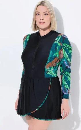 Ulla Popken Badekleid Badekleid Dschungel Softcups Stehkragen Langarm