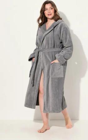 Ulla Popken Bademantel Bademantel Kapuze Gürtel A-Linie Frottee, Langform, Materialmix