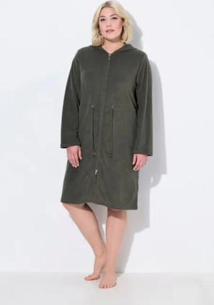 Ulla Popken Bademantel Bademantel Kapuze Tunnelzug 2-Wege-Zipper Langarm, Knielang, Materialmix