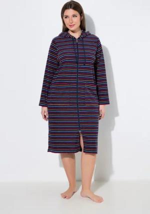 Ulla Popken Bademantel Bademantel Ringel 2-Wege-Zipper Langarm Frottee, Knielang, Materialmix