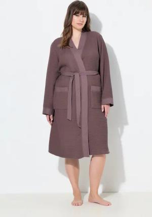 Ulla Popken Bademantel Bademantel Schalkragen Gürtel Waffelpiqué Langarm, Langform, Materialmix