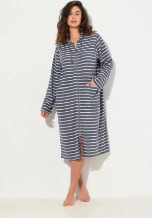Ulla Popken Bademantel Bademantel Streifen 2-Wege-Zipper Langarm Frottee, lang, Materialmix