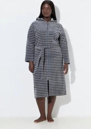 Ulla Popken Bademantel Bademantel Webfrottee Reißverschluss Bindegürtel, Langform, Materialmix