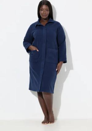 Ulla Popken Bademantel Fleece-Bademantel Stehkragen Reißverschluss, Langform, Materialmix