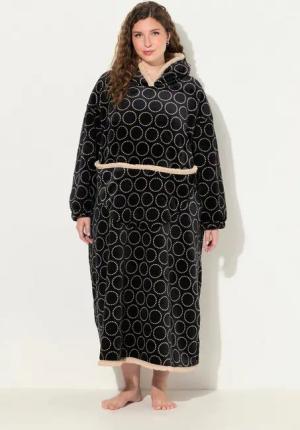 Ulla Popken Bademantel Loungewear-Poncho Plüsch Kapuze Langarm Tasche, Langform, Materialmix