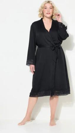 Ulla Popken Bademantel TruYou Morgenmantel Spitze Bindegürtel Langarm, Langform, Materialmix