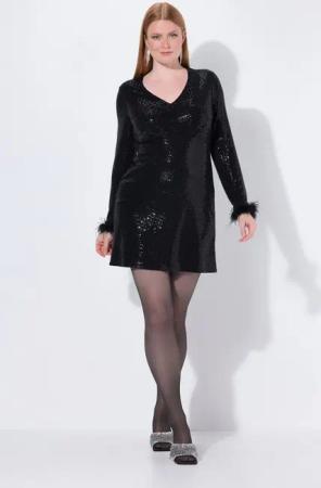 Ulla Popken Cocktailkleid Bodycon-Kleid Pailletten V-Ausschnitt Langarm