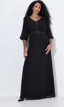 Ulla Popken Cocktailkleid Chiffon-Maxikleid doppellagig V-Ausschnitt 3/4-Arm