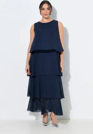 Ulla Popken Cocktailkleid Chiffon-Maxikleid Volants U-Boot-Ausschnitt