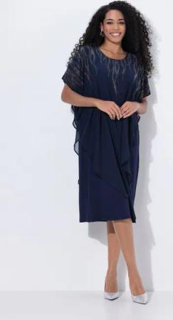 Ulla Popken Cocktailkleid Chiffon-Midikleid doppellagig Rundhals Halbarm