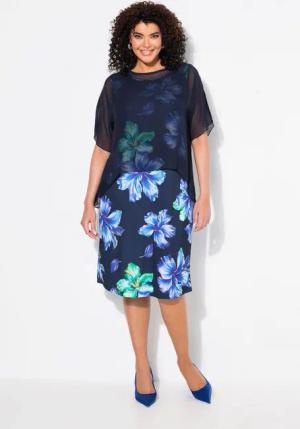 Ulla Popken Cocktailkleid Kleid Blüten doppellagig U-Boot-Ausschnitt Halbarm