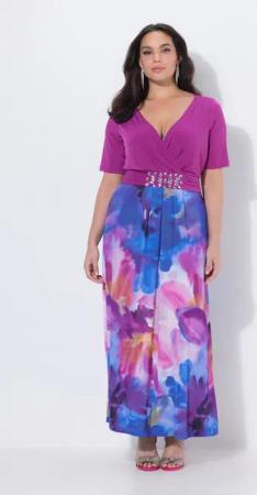 Ulla Popken Cocktailkleid Maxikleid Aquarellblüten A-Linie V-Ausschnitt