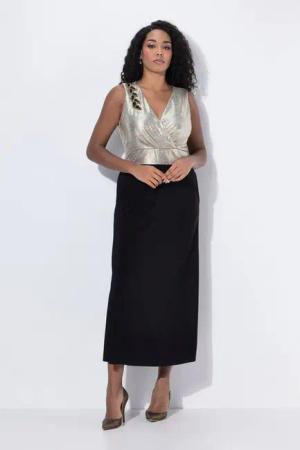 Ulla Popken Cocktailkleid Maxikleid Glitter Stickerei V-Ausschnitt ärmellos