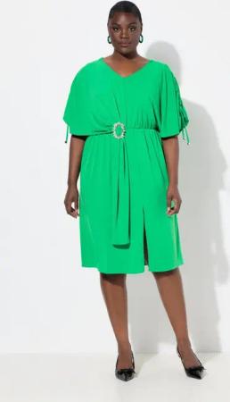 Ulla Popken Cocktailkleid Midikleid drapiert Oversized V-Ausschnitt Halbarm