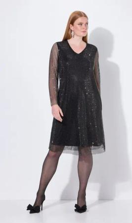 Ulla Popken Cocktailkleid Midikleid Pailletten A-Linie V-Ausschnitt Langarm